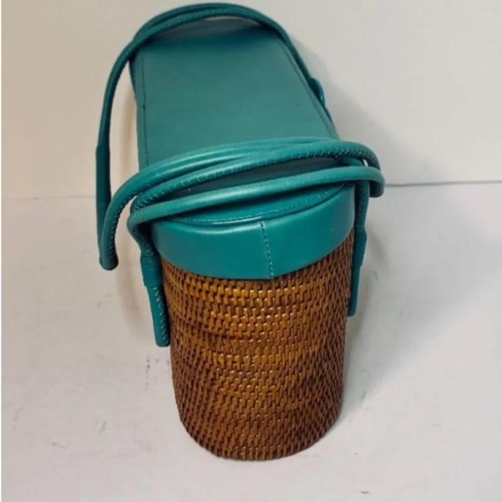 Elliot Lucca Woven Rattan Teal Leather Shoulder Bag Crossbody Handbag